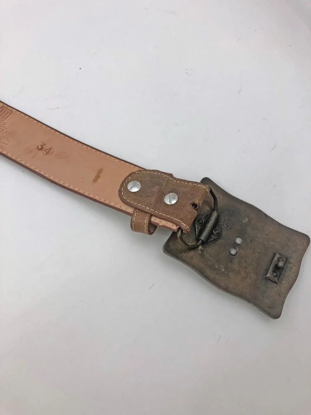 Western leather Belt Size 34 Tan w/Longhorn Buckle & Braided Accent Belt